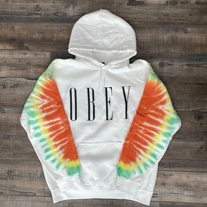 Obey hooded pullover sweatshirt -M- White. Tie-Die orange/green/yellow sleeves.